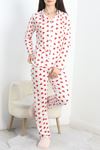 Bamboo Kumaş Düğmeli Pijama Takımı Beyazkırmızı - 50521.1952.