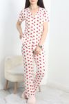Bamboo Kumaş Düğmeli Pijama Takımı Beyazkırmızı - 50522.1952.