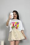 Baskılı Oversize Crop Tişört Beyazpembe - 30391.1872.