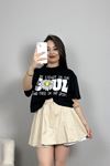Baskılı Oversize Crop Tişört Siyahbeyaz - 30391.1872.