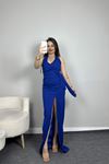 Yırtmaçlı Krep Elbise Saks - 582213.1592.