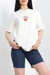 Baskılı Oversize Lüx Penye Tişört Ekruçilek - 41305.0034.