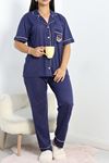 Nakışlı Büyük Beden Düğmeli Pijama Takımı Lacivert - 50618.919.