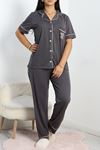 Nakışlı Büyük Beden Düğmeli Pijama Takımı Antrasit - 50618.919.