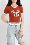 Bisiklet Yaka Baskılı Crop Kompak Body Kiremit - 90993.1878.