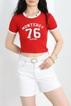 Bisiklet Yaka Baskılı Crop Kompak Body Kırmızı - 90993.1878.