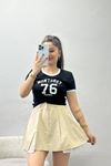Bisiklet Yaka Baskılı Crop Kompak Body Siyah - 90993.1878.