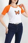Reglan Kol Baskılı Crop Kompak Penye Turuncu - 90998.1878.
