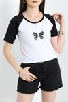 Reglan Kol Baskılı Crop Kompak Penye Siyah - 90998.1878.