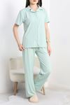 Milan Kumaş Düğmeli Pijama Takımı Yeşilçizgili - 750.1287.