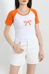 Reglan Kol Baskılı Crop Kompak Penye Turuncu - 90997.1878.