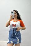 Reglan Kol Baskılı Crop Kompak Penye Turuncu - 90998.1878.