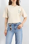 Baskılı Oversize Tişört Bejyeşil - 40649.1872.