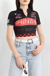 Yarım Fermuar Baskılı Crop Body Siyah - 70548.1856.