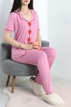 Fiyonk Nakışlı Biyeli Viskon Pijama Takımı  Pembe - 40565.1857.