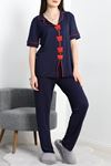 Fiyonk Nakışlı Biyeli Viskon Pijama Takımı  Lacivert - 40565.1857.