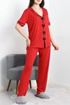 Fiyonk Nakışlı Biyeli Viskon Pijama Takımı  Kırmızı - 40565.1857.