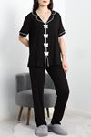 Fiyonk Nakışlı Biyeli Viskon Pijama Takımı  Siyah - 40565.1857.