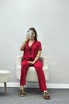 Fiyonk Nakışlı Biyeli Viskon Pijama Takımı  Kırmızı - 40565.1857.