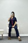 Fiyonk Nakışlı Biyeli Viskon Pijama Takımı  Lacivert - 40565.1857.