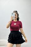 Kalp Nakış Taşlı Bluz Bordo - 70631.1019.