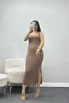 Kare Yaka Yırtmaçlı Elbise Açıkkahve - 90338.1567.