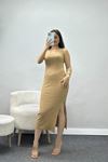 Kare Yaka Yırtmaçlı Elbise Camel - 90338.1567.