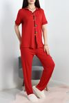 Kiraz Nakışlı Biyeli Viskon Pijama Takımı Kırmızı - 40562.1857.