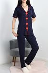 Kalp Nakışlı Biyeli Viskon Pijama Takım Lacivert - 40564.1857.