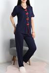 Kiraz Nakışlı Biyeli Viskon Pijama Takımı Lacivert - 40562.1857.