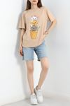 Baskılı Oversize Tişört Bejbeyaz - 70652.1872.