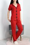 Kalp Nakışlı Biyeli Viskon Pijama Takım Kırmızı - 40564.1857.