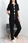 Kalp Nakışlı Biyeli Viskon Pijama Takım Siyah - 40564.1857.