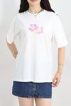Baskılı Oversize Tişört Beyazpembe - 70652.1872.