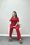 Kiraz Nakışlı Biyeli Viskon Pijama Takımı Kırmızı - 40562.1857.