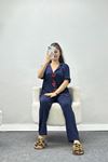 Kiraz Nakışlı Biyeli Viskon Pijama Takımı Lacivert - 40562.1857.