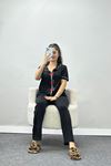 Kiraz Nakışlı Biyeli Viskon Pijama Takımı Siyah - 40562.1857.