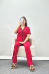 Kalp Nakışlı Biyeli Viskon Pijama Takım Kırmızı - 40564.1857.