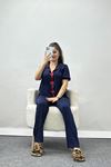 Kalp Nakışlı Biyeli Viskon Pijama Takım Lacivert - 40564.1857.