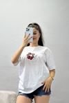 Baskılı Oversize Lüx Penye Tişört Beyazkırmızı - 41305.0034.