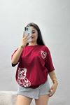 Baskılı Oversize Tişört Bordo - 70652.1872.