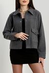 Klasik Yaka Çıtçıt Düğmeli Cep Detaylı Kaşe Crop Ceket Antrasit - 70992.1775.