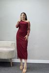Omuz Detay Büzgülü Elbise Bordo - 30259.1592.