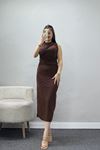 Dik Yaka Sandy Kumaş Elbise Kahve - 70831.1949.