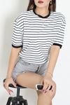 Bisiklet Yaka Çizgili Rejenere Süprem Tişört Beyazsiyah - 601.1567.