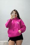 3 İplik Kanguru Cepli Kapşonlu Sweat Fuşyabeyaz - 42257.1878.