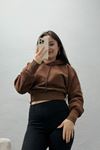 3 İplik Kapşonlu Crop Sweat Kahve - 20967.1878.