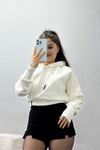3 İplik Kapşonlu Crop Sweat Ekru - 20967.1878.