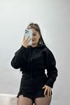 3 İplik Kapşonlu Crop Sweat Siyah - 20967.1878.