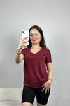 V Yaka Kompak Lüx Penye Tişört Bordo - 4001.1878.